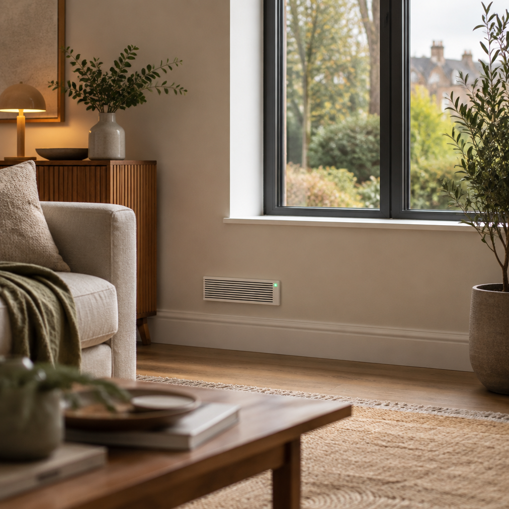 Amporah Breathe ventilation grille installed beneath a living room window, concept visual
