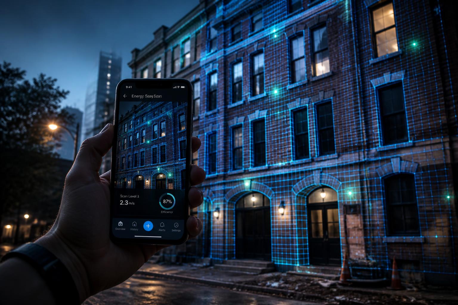A phone capturing a building with the GridSync blueprint overlay, creating the digital twin
